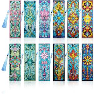 12 Pcs DIY Diamond Art Bookmarks for Adults Women Beginners Acrylic Dotz Diamond Art Bookmarks Kit Diamond Painting 5d Floral Rhinestone Bookmark Diamond Art Book Marks with Tassels Crafts Supply