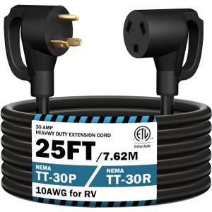 STRIGHT 25FT RV Extension Cord 30 Amp, RV Power Extension Cord NEMA TT-30P Male to TT-30R Female Heavy Duty 10 Gauge STW 3-Wire for RV Trailer Campers 125V, 3750W, ETL Listed (25FT 30AMP) (Black Plug)