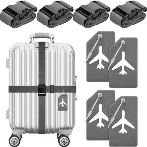 Weewooday 8 Pcs Luggage Straps Suitcase Tags Set for TSA Approved, 4 Travel Adjustable Suitcase Belt, 4 Silicone Luggage Tags with Name ID Card Travel Accessories(Dark Gray,Airplane)