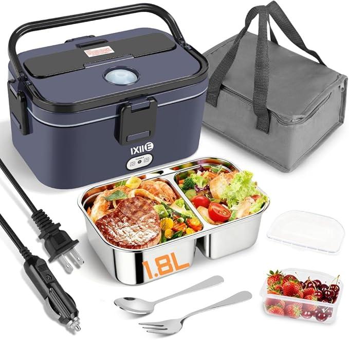 Electric Lunch Box 80W for Adults, 1.8L Lunch Warmer with 2 Compartments for Truck/Car/Work, Fast Portable Heated Lunch Box Food Warmer Heater 12/24/110V, Lonchera Eléctrica Portátil