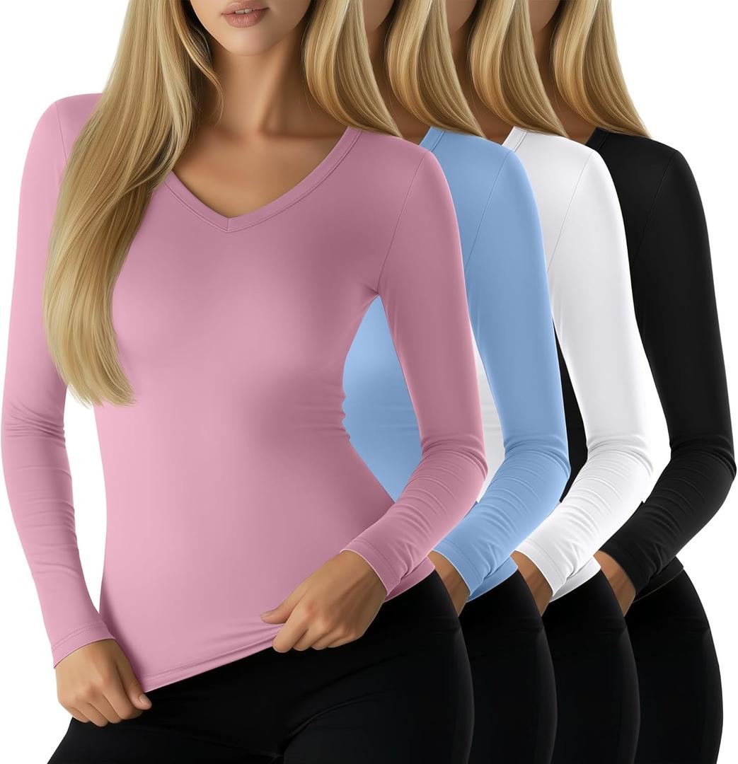 Neer 4 Pack Women's Workout Tops Long Sleeve Compression Shirt Athletic Tight V Neck T Shirt Gym Yoga Running Lightweight Tee(Pink, Blue, White, Black, XX-Large)