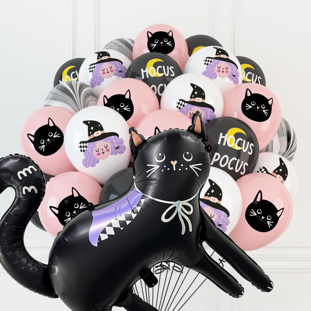 2 x HOUSE OF PARTY Halloween Balloons for Hocus Pocus Halloween Decorations - Black Cat Foil Balloons 30 Inch and 50PCS Witch Cat Latex Balloons for Party Decorations Office Birthdays School Classroom