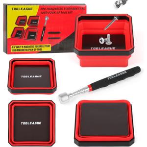 TOOLEAGUE 4Pcs Collapsible Magnetic Parts Tray Set with 15Lb Magnetic Pickup Pen,4.5" Square Silicone Foldable Tool for Organizing Screw Bolts Nuts Washers Pins and Other Small Metal Parts