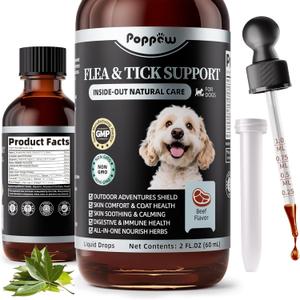Flea & Tick Drops for Dogs  Natural Prevention with Neem, Oregano & Pumpkin Seed Oil  Liquid Supplement, Beef Flavor, 2 FL Oz, Long-Lasting Protection for All Breeds & Sizes