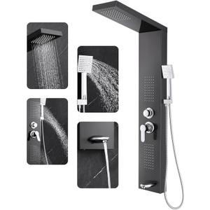 ROVOGO Shower Panel Tower System with Rainfall Shower, Body Jets, Handheld and Tub Spout, High Pressure Shower Column Stainless Steel, 46.5 in. Black