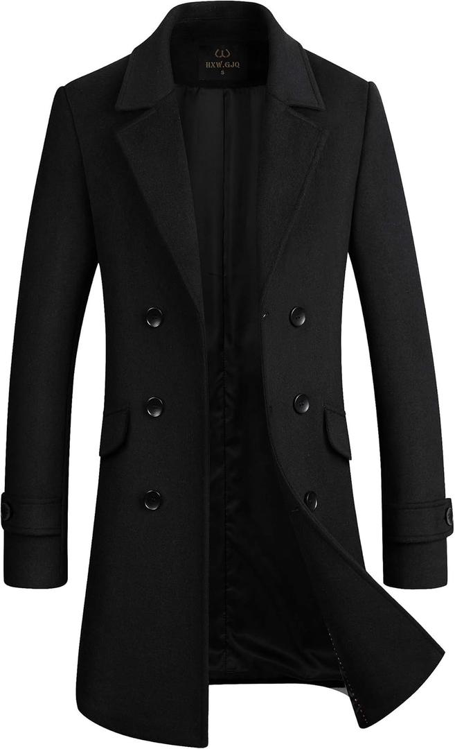 Men's Premium Wool Blend Double Breasted Long Pea Coat (Black1) XL