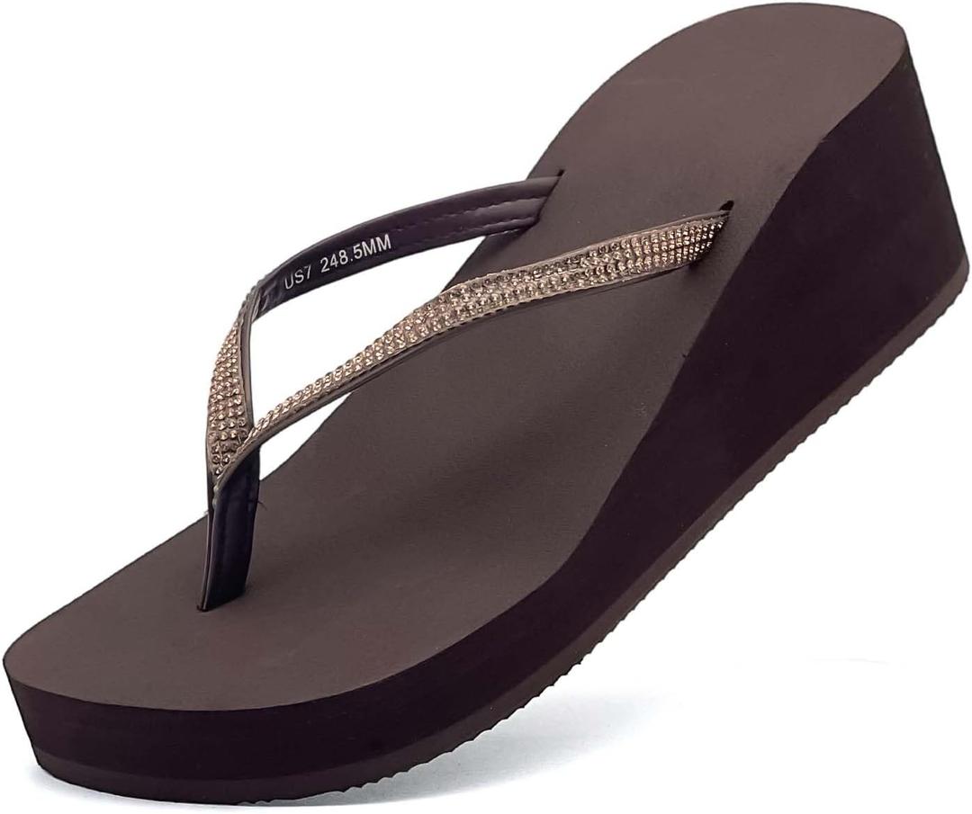 xinran & shengli Women Wedge Arch Support Platform Flip Flops Comfortable Cushioned Rubber Thong Sandals with Rhinestone, Size 5.5