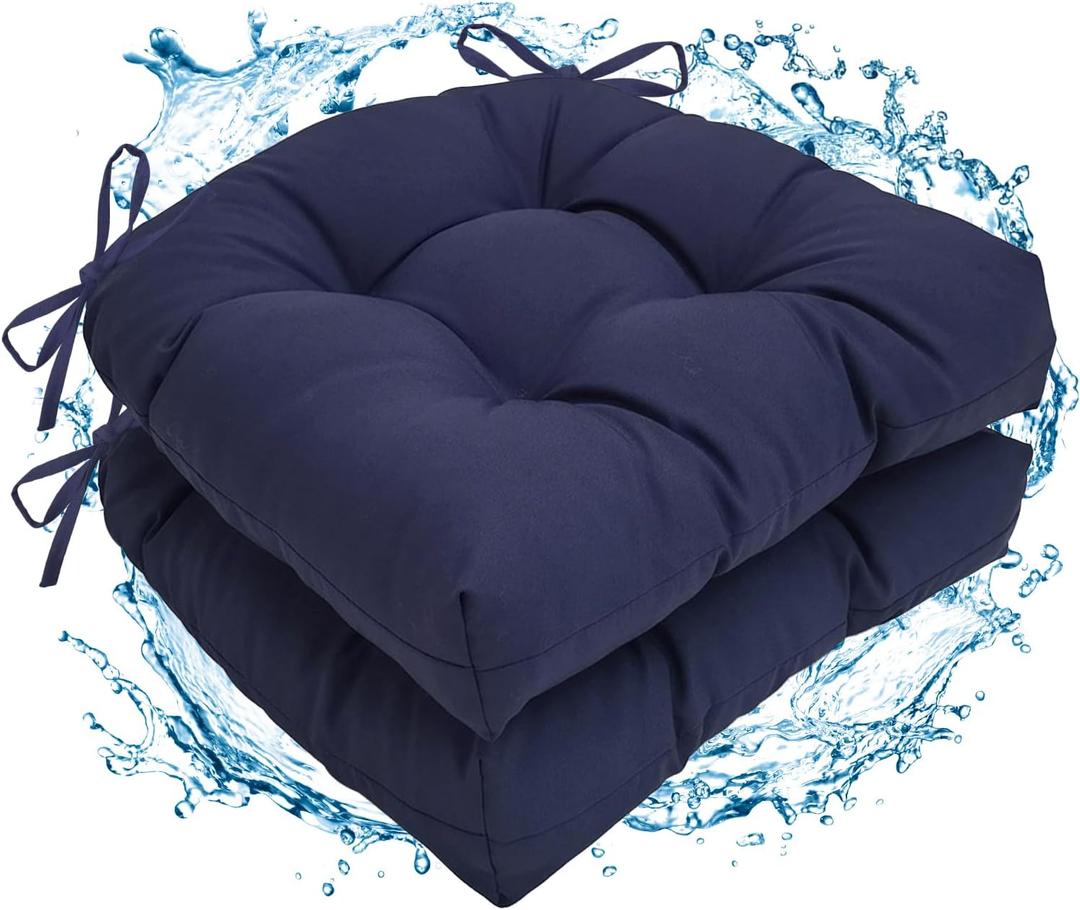 2 Pack Waterproof Outdoor Chair Cushions, Thick Tufted U-Shaped Seat Cushions with Adjustable Ties for Garden Chairs, Patio Furniture, 19x19x4.5 Inches (Navy)