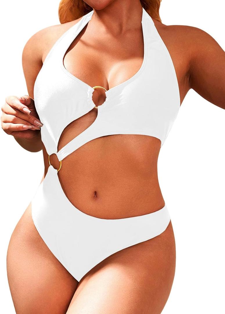 Women One Piece Swimsuit Slimming Cutout Fashoin Swimwear Metal Ring Bathing Suit Female Beachwear (X-Large, White)