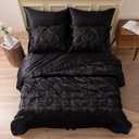 MR&HM Satin Comforter Full 7 Pieces  Luxurious Pinch Pleat Bedding Set with Comforter, Flat Sheet, Fitted Sheet, Pillowcases & Shams, Super Silky Soft Bed Set for All Season (Full, Black)