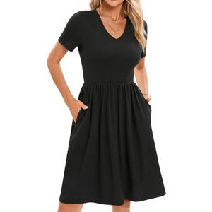 2024 Women's Summer Casual Short Sleeve Pleated A-Line Midi Loose Fit Swing Dresses T-Shirt Flowy Sundress with Pockets Black, X-Large (Black, XL)