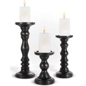 Large Candle Holders for Pillar Candles - Decorative Rustic Centerpiece Pillars Compatible with Battery-Operated Candles - Tall Farmhouse Wooden Candle Holders Pillar - Set of 3