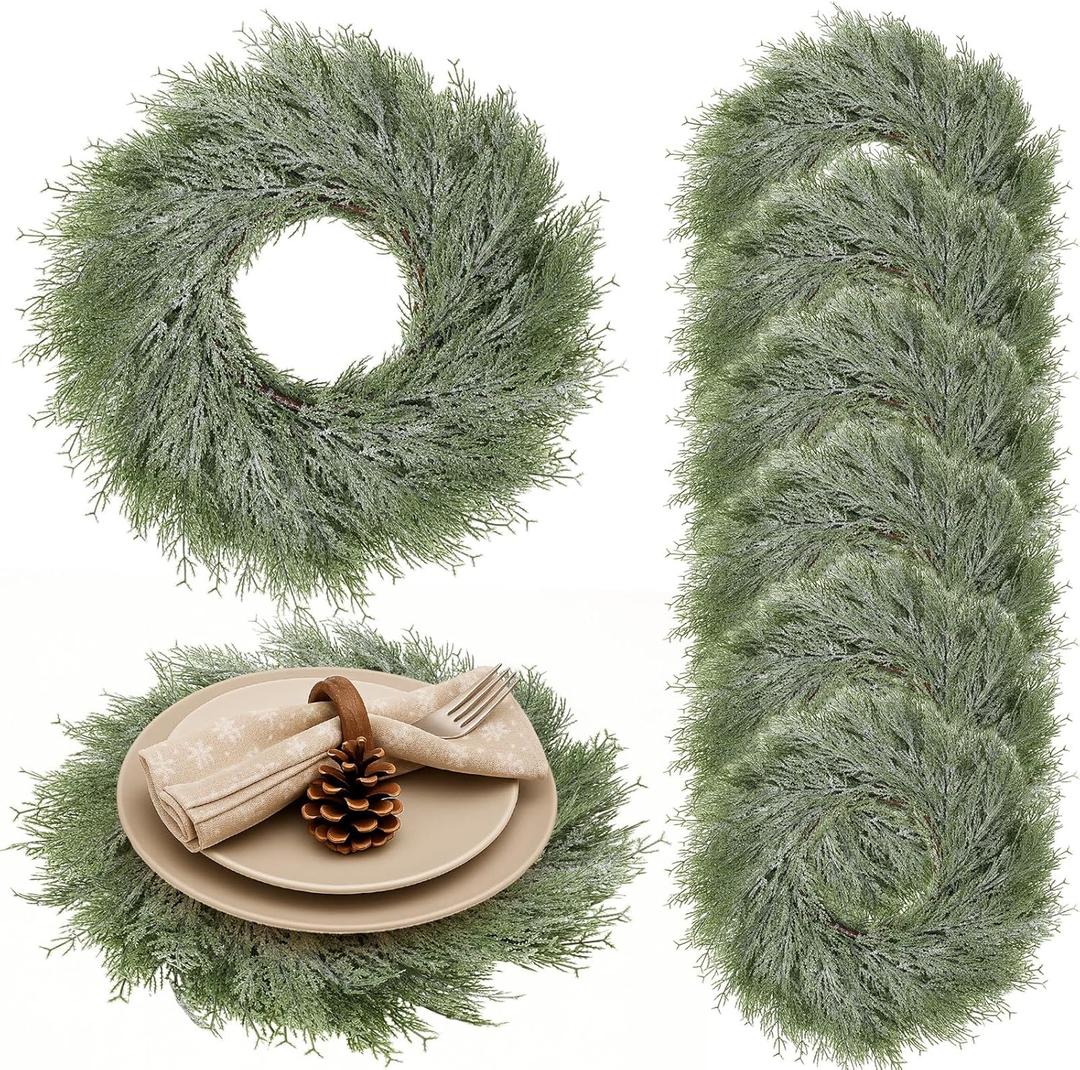 Christmas Placemats Set of 6 Round Greenery Place Mats Xmas Circular Artificial Wreath Dining Table Decor Winter Fake Plants Branches Mats for Kitchen Accessories (Powder Snow)