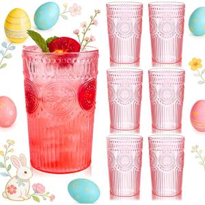 Ciaell 12 Pack Romantic Plastic Water Glasses - 14 Oz Pink Vintage Drinking Glasses, Embossed Ribbed Plastic Cups, Textured Striped Set for Juice, Beverages, Beer, Cocktail & Easter