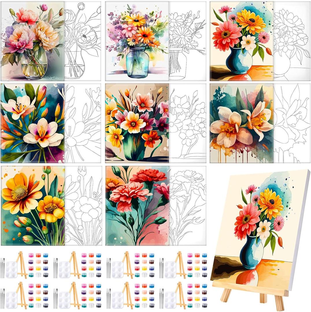 8 Sets 8" x 10" Flower Pre Drawn Canvas to Paint for Sip and Paint Party Floral Predrawn Coloring Set Pre Sketched Canvas Boards with Paints and Brushes for Adult