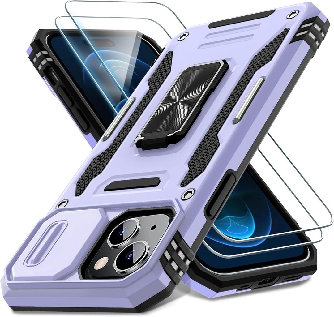 DEERLAMN Case for iPhone 15 with Slide Camera Cover + Screen Protector (2 Packs), Rotated Ring Kickstand Military Grade Shockproof Protective Cover-Light Purple