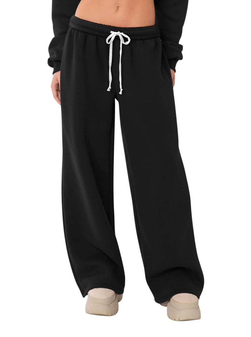 Wide Leg Sweatpants Women Baggy Slit Hem Casual Pants Elastic Waist Sweat Pants Fall Winter Trouser Black XS