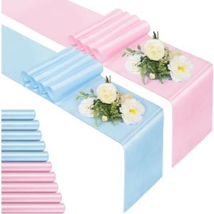 Jspupifip 12 Pcs Pink Blue Table Runner, 108 Inch Satin Table Runner for Baby Shower Gender Reveal, New Year, Valentines Day, Wedding Banquet, Birthday Party (11 x 108)