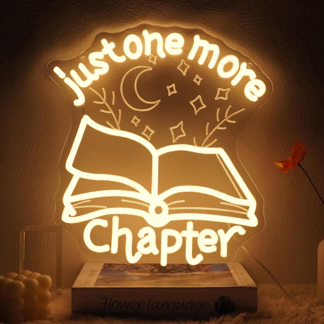 Runalosa Just One More Chapter Neon Sign Dimmable Reading Neon Light Sign for Wall Decor Letters Led Signs for Bookshelf Reading Corner Library Reading Club Bookstore Decor Reader Gifts 12.6" x 13.8"