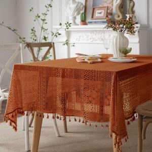 Boho Tablecloth Cotton Lace Crochet Table Cloth Rectangle 59x70 in 4-6 Seats,Farmhouse Vintage Table Cover Washable Tassel Table Clothes for Dining Kitchen Party,Burnt Orange, Pack of 1 