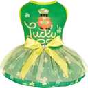 cyeollo St. Patrick's Day Dog Dresses Lucky Shamrock Tulle Skirt with Bowtie Holiday Dog Clothes for Small Dogs, Green L