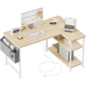 Mericonia Small L Shaped Computer Desk with Power Outlets, Reversible Gaming Desk with Storage Shelves, Corner Gamer Desk Table, Study Writing Table