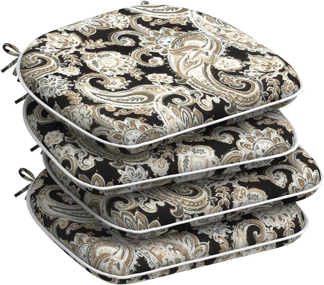 Set of 4 Outdoor Chair Cushions with Ties,Water Repellent Patio Chair Pads 17"x 16" for Outdoor Furniture,Round Corner Seat Cushions for Garden Yard Kitchen Paisley Black