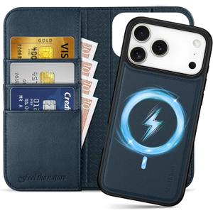 SHIELDON Detachable Wallet Case for iPhone 17 Pro Max 6.9" | Genuine Leather, Wireless Charging, RFID Blocking Credit Card Slot, Flip Magnetic Closure, Removable Shockproof Phone Cover - Navy Blue
