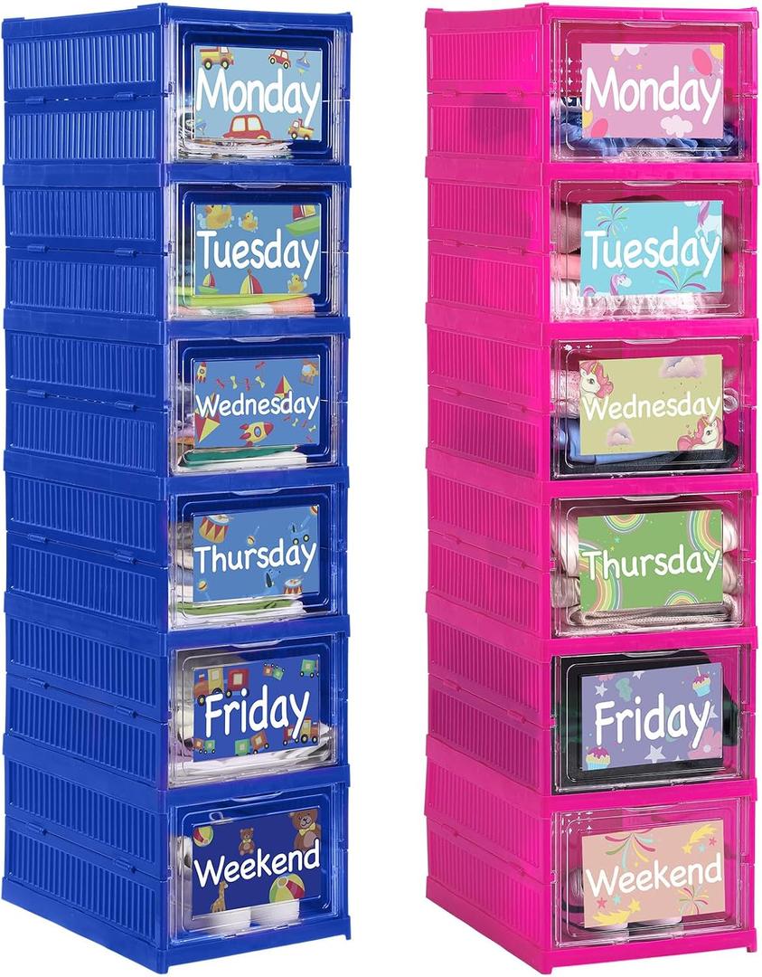 Wonderjune 2 Pcs 6 Shelf Daily Weekly Clothes Organizer for Kids,Novel, 41.34 x 13.58 x 10 inches