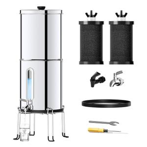 1.5G Gravity-fed Water Filter System - NSF/ANSI 42&372 Certified 18/8 Stainless Steel Countertop Water Filtration System - Water Level Window, Reduce 99.9% of Chlorine, for Camping, RVs (Silver)