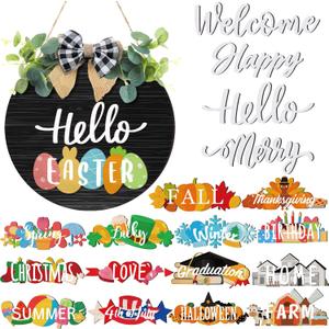 20 Pieces Interchangeable Welcome Sign for All Seasons Seasonal Front Door Decor with 4 Pcs Sign and 15 Pcs Changeable Icons Farmhouse Front Porch Rustic Holiday Wooden Door Decor(Black)
