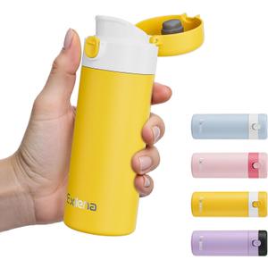 Exllena Small Insulated Water Bottle with Push-Button Lid  7.5oz/220ml Mini Flask, Leakproof Mini Water Bottle for Coffee, Milk, Travel, School & Office Use(Yellow & White) (7.4 Ounces)