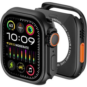 AmBand for Apple Watch Series 10 11 46mm Metal Case Men, W1 Rugged Protective Bumper [Turn iWatch into Ultra 3/2/1 Look] with Back Cover, Upgrade Conversion Kit Stylish Protector 46 mm - Black