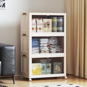 SAILUN 381Qt Extra Large Stackable Storage Bins Folding Collapsible Storage Bins with Lid, Closet Organizers and Storage Box with Door Beige 28" W x 17" D x 46" H