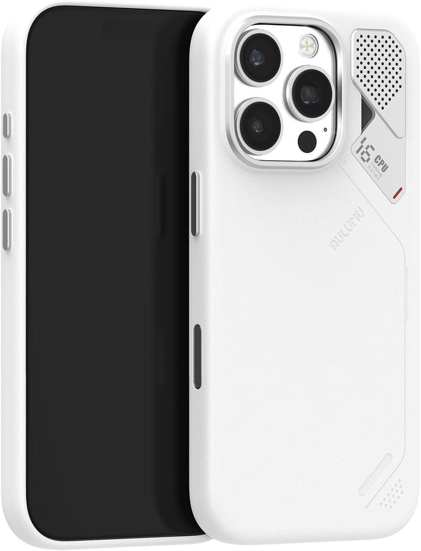 Aulumu A16 Vegan Leather Cooling iPhone 16 Pro Case | Updated Camera Control | with Cooling Fins | Luxury Comfort | Compatible with MagSafe | Complete Wrap-Around - Touch White