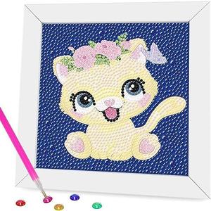 Pack of 2 Miairivy Diamond Painting for Kids, 5D Animal Diamond Art Mini Small Kit(with Wooden Frame), DIY Cute Cat Big Gem Painting Set, Paint by Diamonds Crafts for Girls Boys Ages 4-12