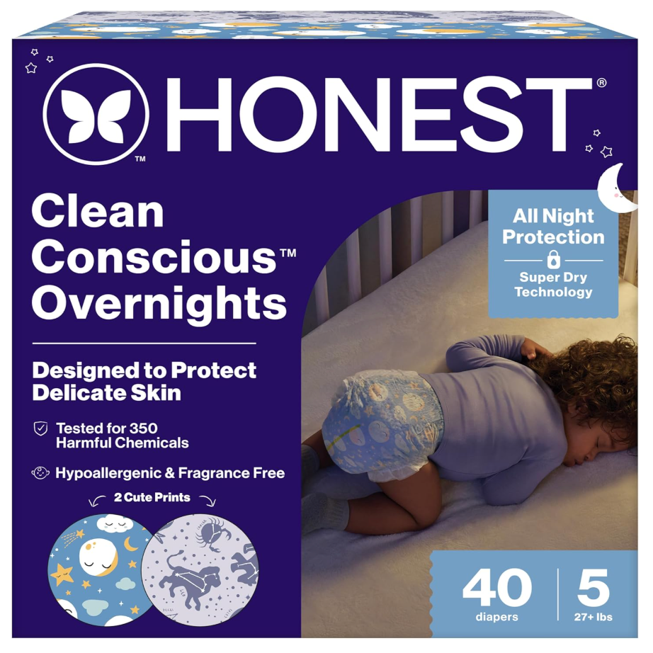The Honest Company Comfort Dry Overnight Diapers, Up to 12 Hours Protection, Hypoallergenic, Cozy Cloud + Star Signs, Club Box Size 5 (27+ lbs)