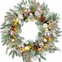 YULETIME 24" Christmas Wreath, Artificial Holiday Wreath with Baubles, Berries, Leaves, Spruce Branches, Snowy Pine Needles (Pink Bauble)