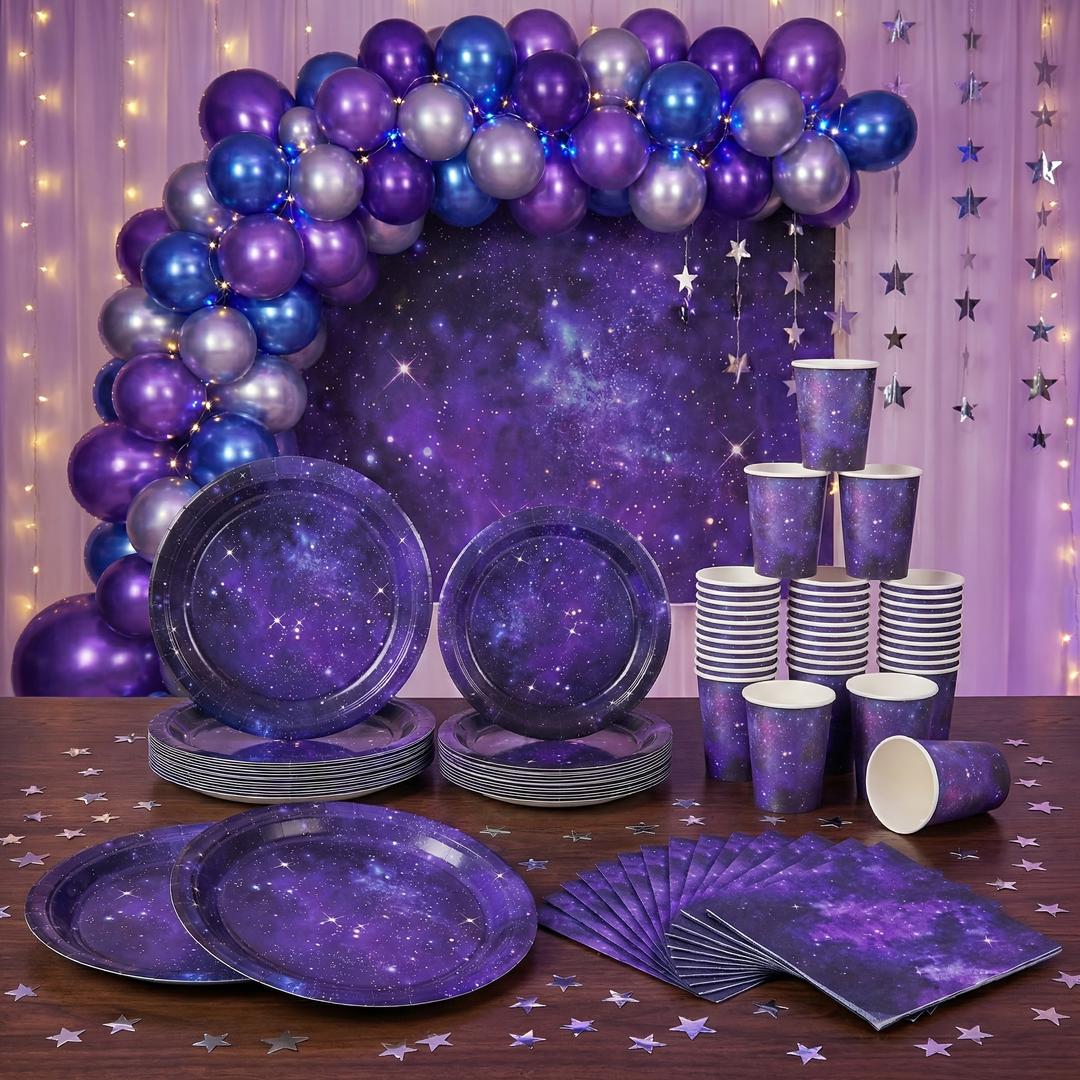 97 Pcs Purple Party Supplies Disposable Tableware Set, Holographic Plates, Napkins, Forks & Tablecloth for Teen Birthday Decorations, Serves 24