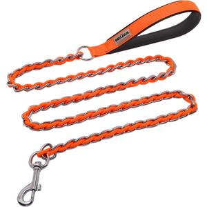 Chain Dog Leash Chew Proof Metal Leash for Medium Large Dogs, Chain Link Dog Anti Chew Strong Anti Bite Comfortable Soft Padded Handle (Orange, 5FT(30-80lb)
