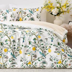 MUSSEL White Queen Size Comforter Set 3 Pieces,Vintage Botanical Floral Pattern Bedding Comforter Sets,Boho Whimsical Modern Printed Design Cute Seersucker Bedroom Comforter and Shams