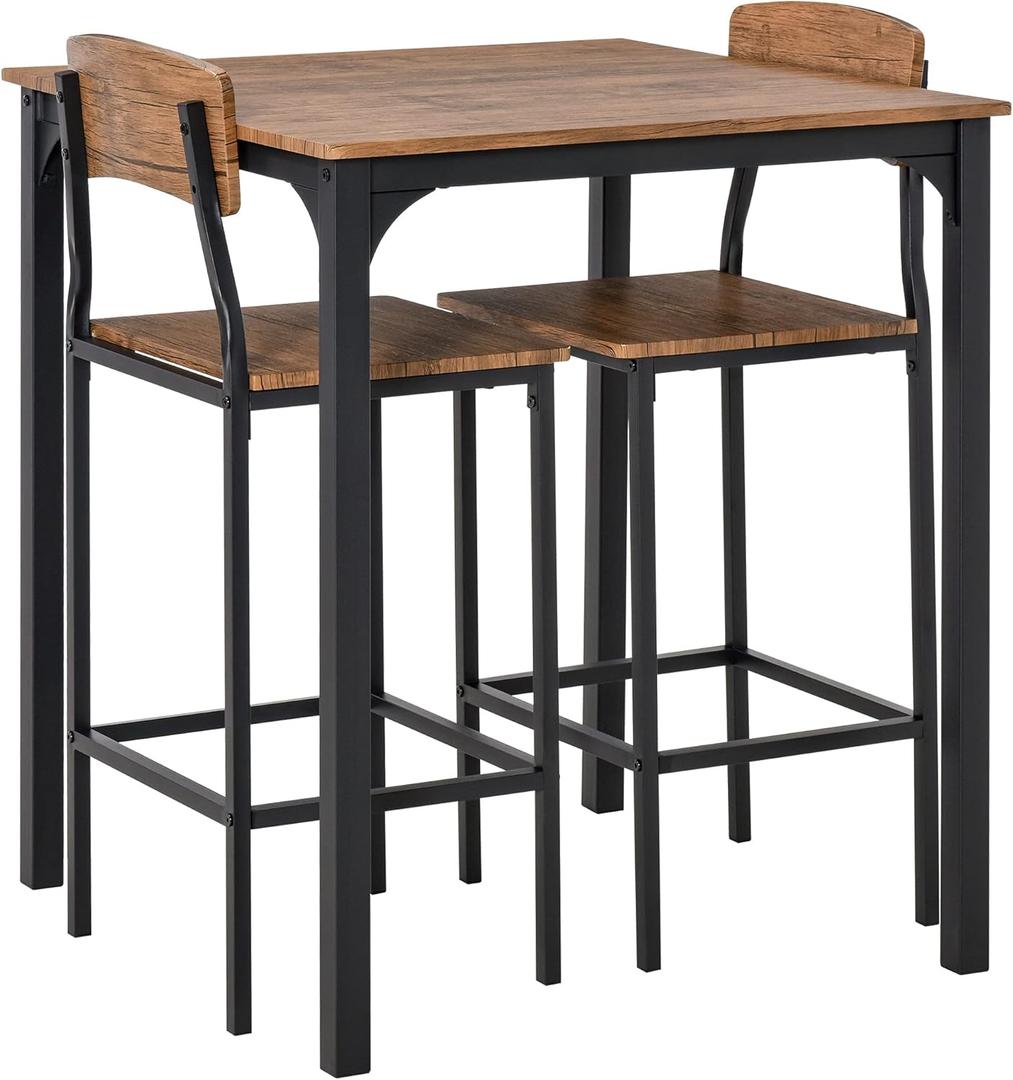 HOMCOM 3 Piece Industrial Counter Height Dining Table Set, Bar Table & Chairs with Steel Legs & Footrests, Black