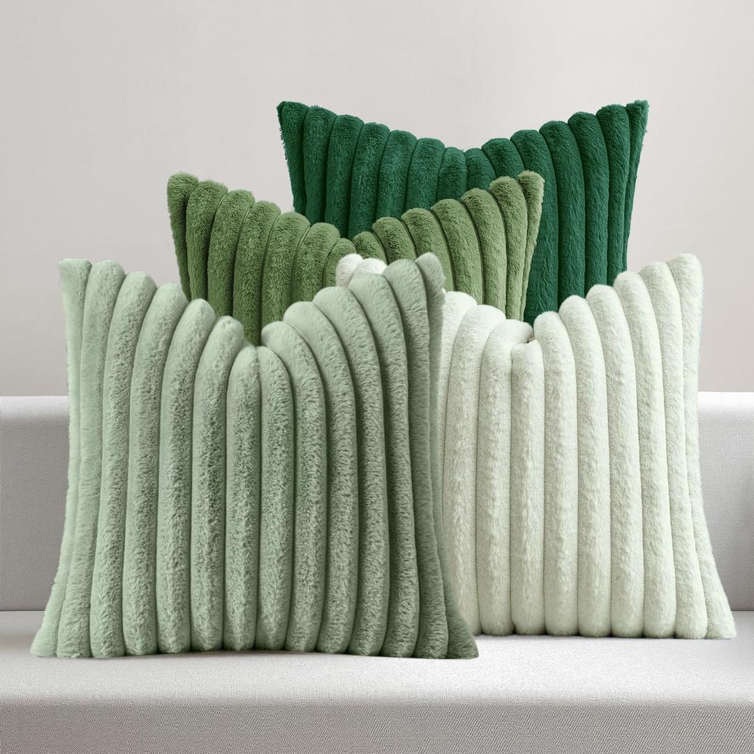 MIULEE Faux Fur Plush Decorative Throw Pillow Covers 18x18 Set of 4, Spring Modern Soft Fuzzy Striped Cushion Covers for Sofa Couch Bed Living Room Cozy Home Decor,Green