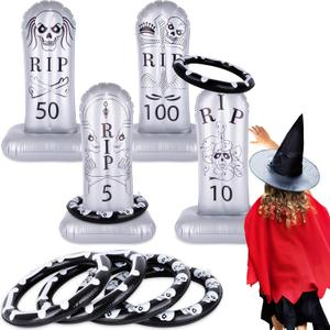 ArtCreativity Tombstone Ring Toss - Set of 4 - Gravestone Ring Toss Game with Weighted Bottoms - Doubles as Inflatable Halloween Decor