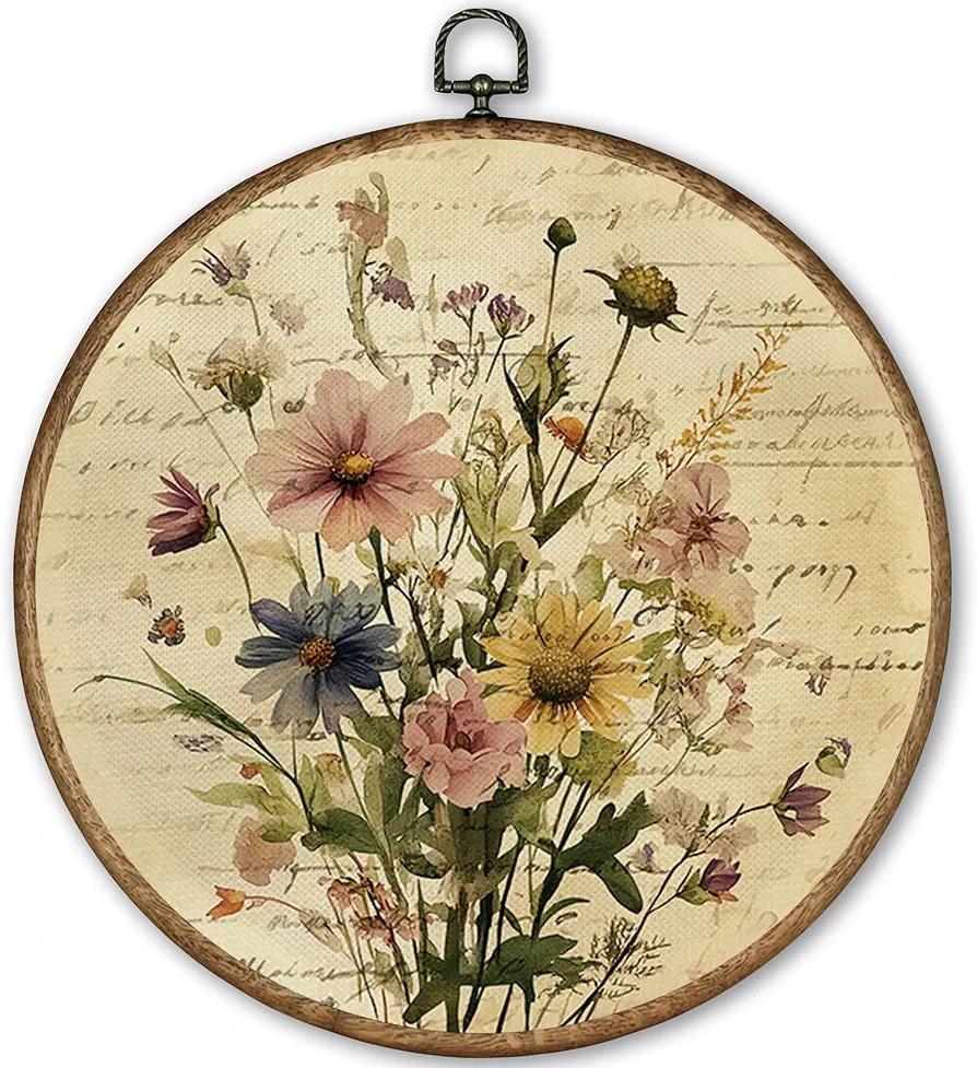 TLESKE Vintage Floral Flower Round Wall Art Decor Framed 10x10, Wildflower Botanical Canvas Wall Art Prints Artwork, Beige Wildflower Wall Hanging Room Door Decor for Bedroom Living Room