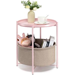 danpinera Round Side Table with Fabric Storage Basket, Metal Side Small Bedside Table Nightstand with Removable Tray Top for Living Room, Bedroom, Nursery, Laundry, Pink