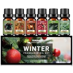 Essential Oils Set, Winter Scents Fragrance Oil Essential Oils for Diffusers for Home - Christmas Wreath, Gingerbread, Fireplace, Cranberry, Forest Pine, Winter Mint Scented Oil, 6x10ml