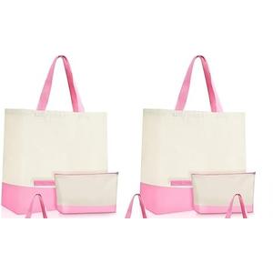 Sanwuta 4 Pcs Canvas Tote Bags Bulk with Zipper Cosmetic Pouch 18.5" Reusable Cotton Shopping Bag with Handle for DIY Craft (Light Pink)