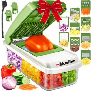 Mueller Vegetable Chopper 9 Blade, Mandoline Slicer, Food Veggie Chopper, Cheese Grater, Onion Vegetable Cutter with Container, Dicer, Kitchen Gadgets & Essentials, White Sand/Green