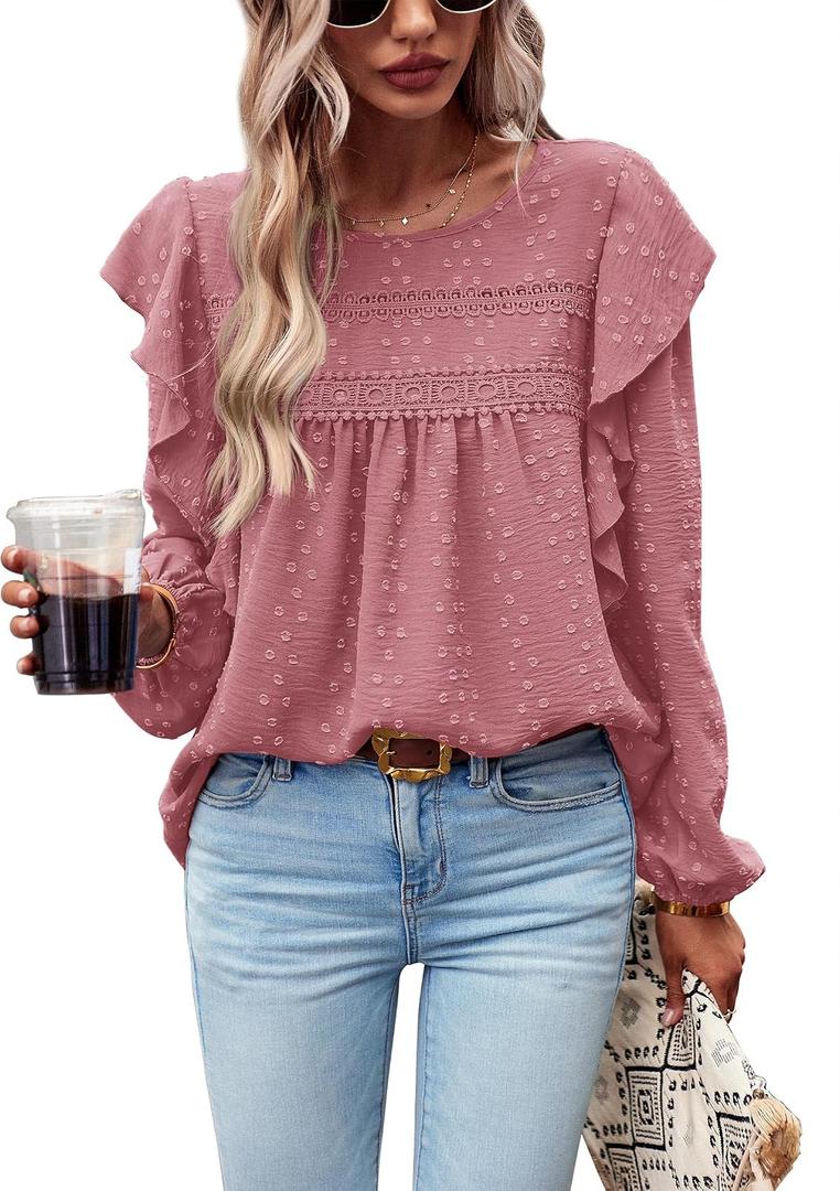PRETTYGARDEN Women's Long Sleeve Shirts Ruffle Swiss Dot Crochet Loose Fit Tunic Dressy Casual Tops Blouses Spring Fashion (Pink, XS)
